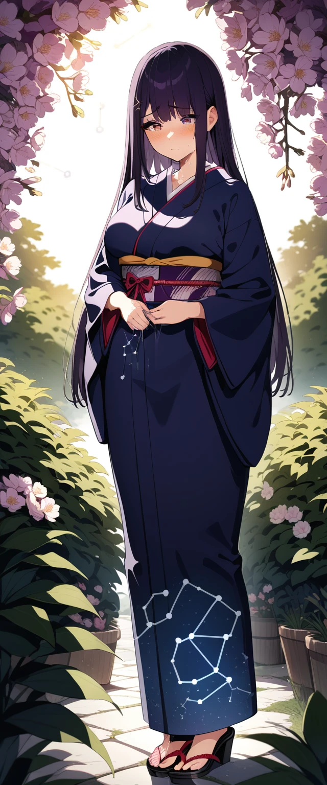 (masterpiece:1.37), best quality, (extremely detailed:1.37), (1girl:1.5), woman, (mature:1.5), (adult:1.5), large breasts, very long hair, (straight hair:1.5), (very dark purple hair:1.5), purple eyes, (extremely detailed eyes:1.37), (furisode:2.0), (constellation-print furisode:2.0), desperation, (wetting self:2.0), standing, embarrassed, humiliation, blushing, angry, cherry blossoms, garden, (golden hour:1.5), full body