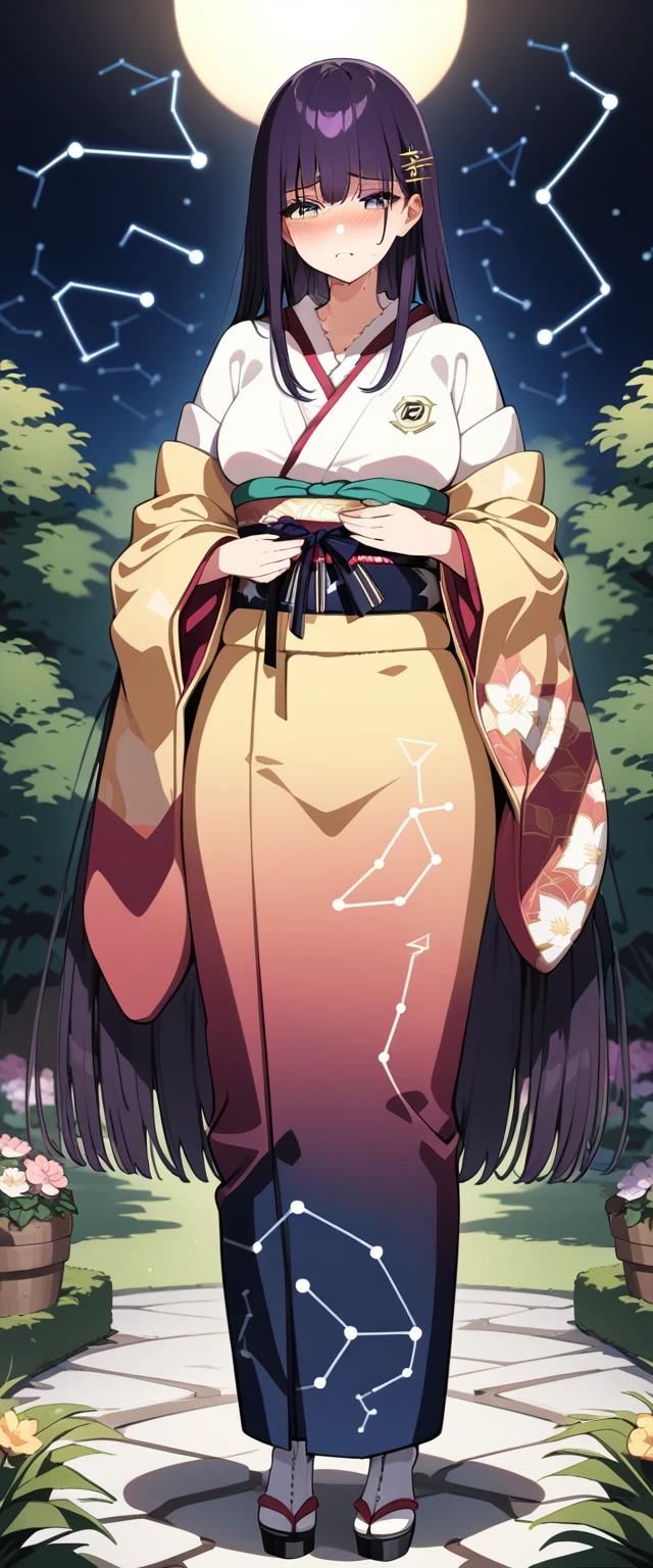 (masterpiece:1.37), best quality, (extremely detailed:1.37), (1girl:1.5), woman, (mature:1.5), (adult:1.5), large breasts, very long hair, (straight hair:1.5), (very dark purple hair:1.5), purple eyes, (extremely detailed eyes:1.37), (furisode:2.0), (constellation-print furisode:2.0), desperation, (wetting self:2.0), standing, embarrassed, humiliation, blushing, angry, cherry blossoms, garden, (golden hour:1.5), full body