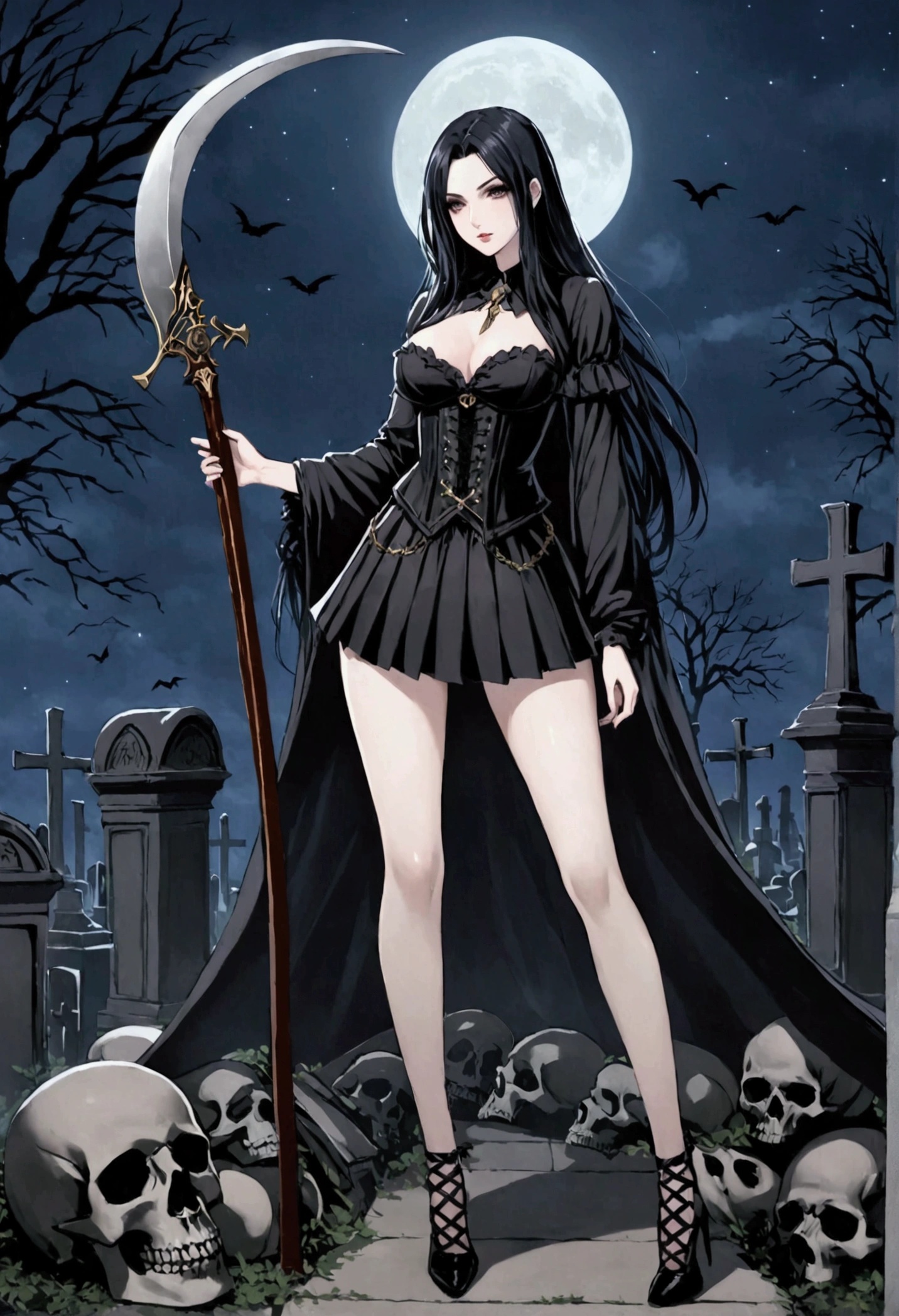 A woman, necromancer, beautiful, pale skin, scythe, at night, in a cemetery, surrounded by corpses, fitted clothes, black clothes, pleated mini-skirt, corset, low-cut blouse, hourglass body, shapely legs, medium hips, medium waist, medium breasts, extremely long hair