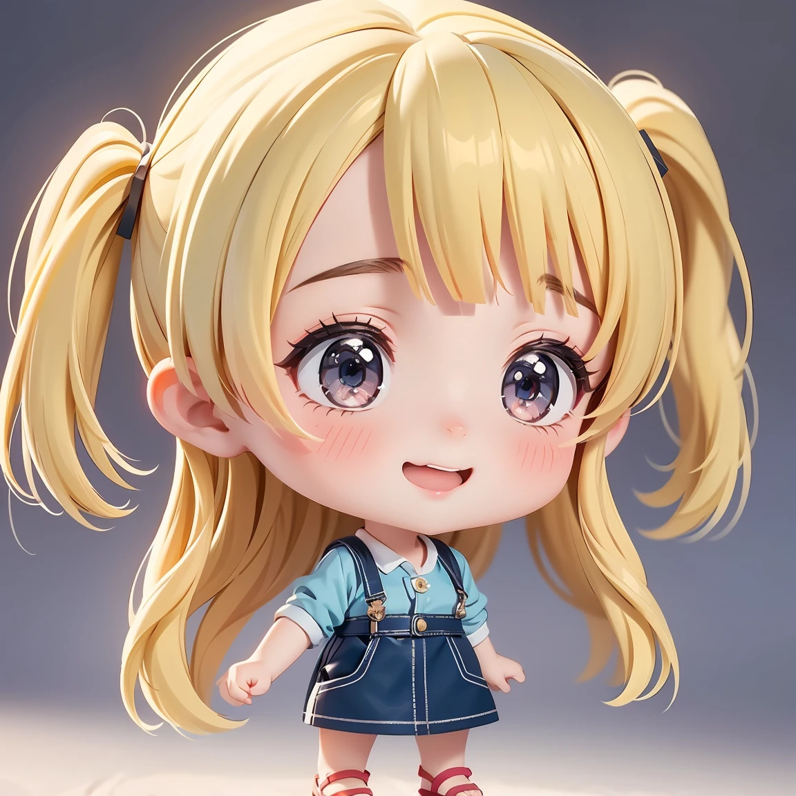 Super Chibi Character:1.8、wearing cute sandals、background:Simple all over、Blonde Hair、Cute 7 girl、Random cute outfits、Various expressions:1.8、Various poses with moving arms:1.8、Looking this way、Super Happy Smile:1.8