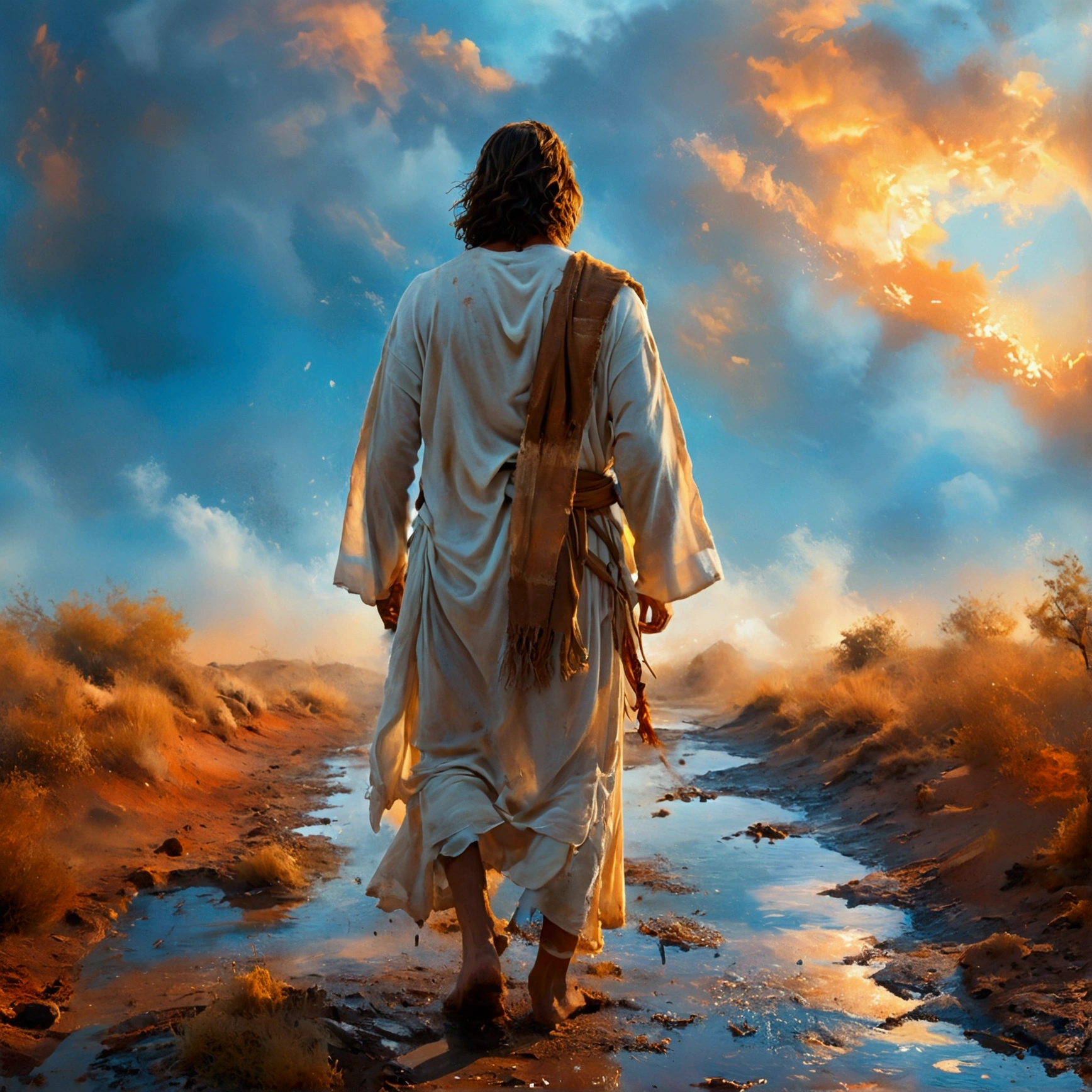 Jesus Christ standing in the desert tending his sheep, back looking at the horizon. He wears a white tunic with a brown sash around his waist and a tallit.. The wind swings her long light brown hair. The sky at dusk is orange and white. The setting conveys tranquility and connection with nature. It is photographed with soft focus, vibrant colors and depth., Thick fog on the ground, Blue light no horizon, unreal motor 5, cinematographic, Low-angle photography, motion-blur, Depth of field, dust, Cobblestones and dirt. Arte Splash, dripping paint. Perfect color classification. Influenced by karel Appel and jeremy mann, full of dramatic and threatening scenes, 超detailded, comely, insane details, details Intricate, Editorial Photography, Photographed with a 50mm lens, Depth of field, Tilt Blur, shutter-speed 1/1000, f/22. light maps, super bright