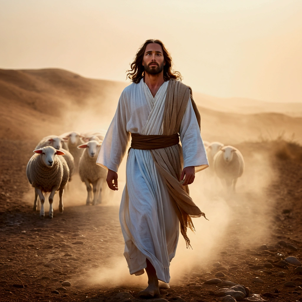 Jesus Christ standing in the desert tending his sheep, back looking at the horizon. He wears a white tunic with a brown sash around his waist and a tallit.. The wind swings her long light brown hair. The sky at dusk is orange and white. The setting conveys tranquility and connection with nature. It is photographed with soft focus, vibrant colors and depth., Thick fog on the ground, Blue light no horizon, unreal motor 5, cinematographic, Low-angle photography, motion-blur, Depth of field, dust, Cobblestones and dirt. Arte Splash, dripping paint. Perfect color classification. Influenced by karel Appel and jeremy mann, full of dramatic and threatening scenes, 超detailded, comely, insane details, details Intricate, Editorial Photography, Photographed with a 50mm lens, Depth of field, Tilt Blur, shutter-speed 1/1000, f/22. light maps, super bright