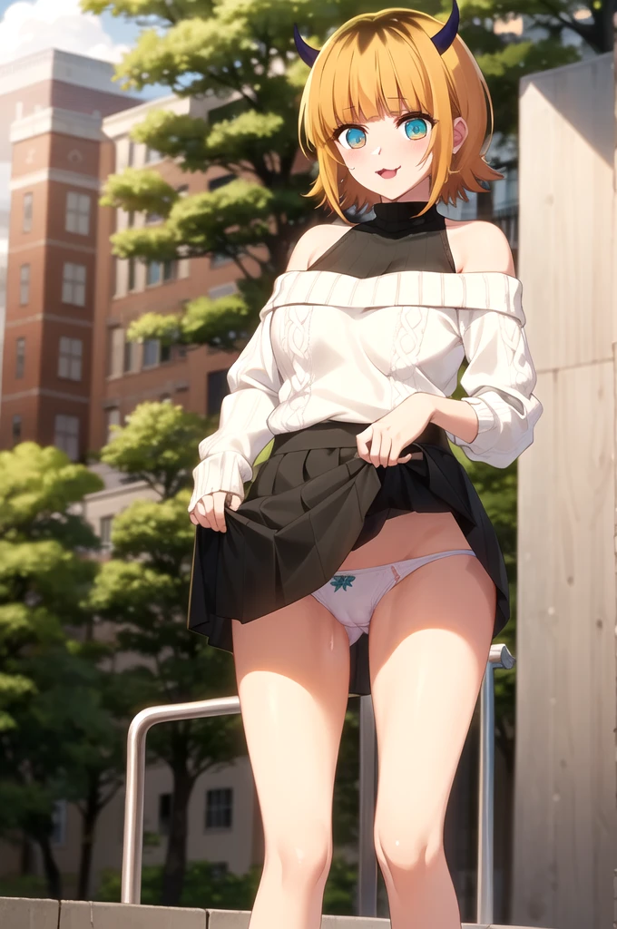 Best and highest quality, masterpiece, detailed,
memcho,
Open your mouth, A slight blush, :3, smile,
short hair, Blonde, Multicolored Hair, Aqua Eye, Blunt bangs, horn,
(Blue sweater:1.2), Black Shirt, Bare shoulders, Black Skirt, I tucked in my sweater.,
Are standing, Looking at the audience,
(Day:1.2), garden, Outdoor,
nsfw,(skirt lift:1.3),(white pantie:1.1), showing off pantie,cameltoe
