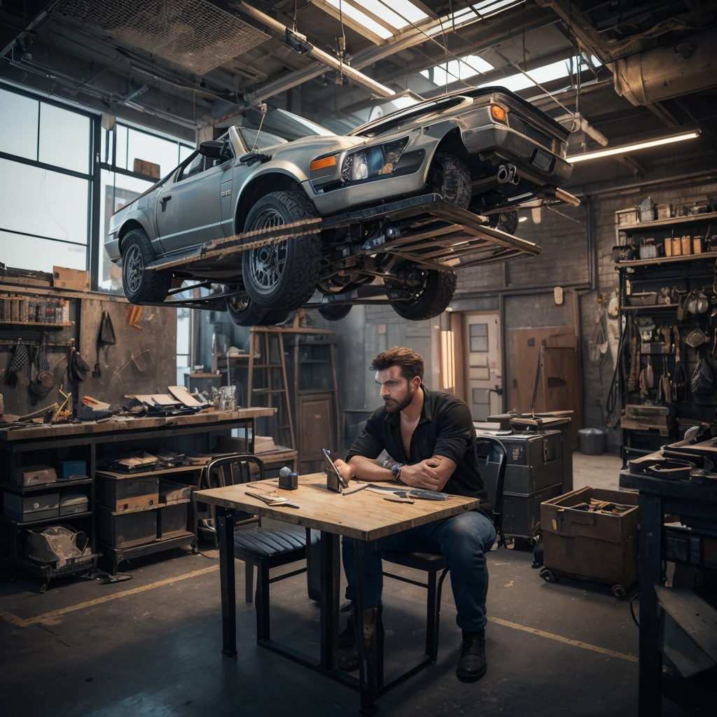 a man sitting at a table in front of a motorcycle, mechanic, add text: auto repair, sylvain sarrailh and igor morski, computer game art, digital studio art, stunning digital illustration, detailed digital 3d art, ultra realistic 3d illustration, motorcycle concept art, exquisite digital illustration, hyper realistic digital art, workshop background, 3 d artist