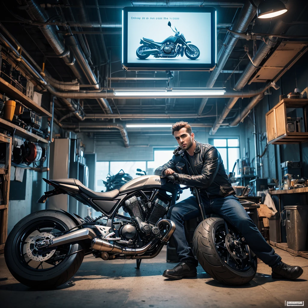 a man sitting at a table in front of a motorcycle, mechanic, add text: auto repair, sylvain sarrailh and igor morski, computer game art, digital studio art, stunning digital illustration, detailed digital 3d art, ultra realistic 3d illustration, motorcycle concept art, exquisite digital illustration, hyper realistic digital art, workshop background, 3 d artist