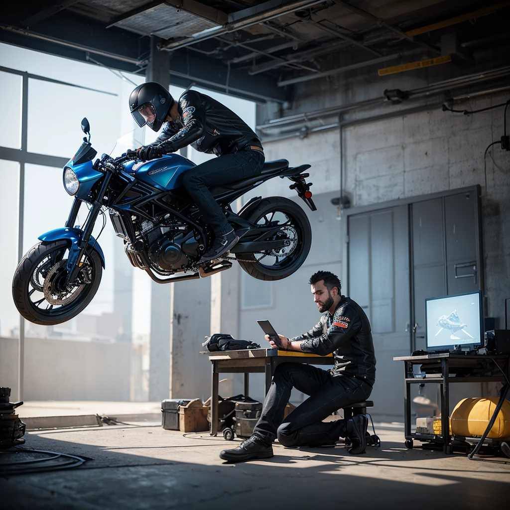 a man sitting at a table in front of a motorcycle, mechanic, add text: auto repair, sylvain sarrailh and igor morski, computer game art, digital studio art, stunning digital illustration, detailed digital 3d art, ultra realistic 3d illustration, motorcycle concept art, exquisite digital illustration, hyper realistic digital art, workshop background, 3 d artist