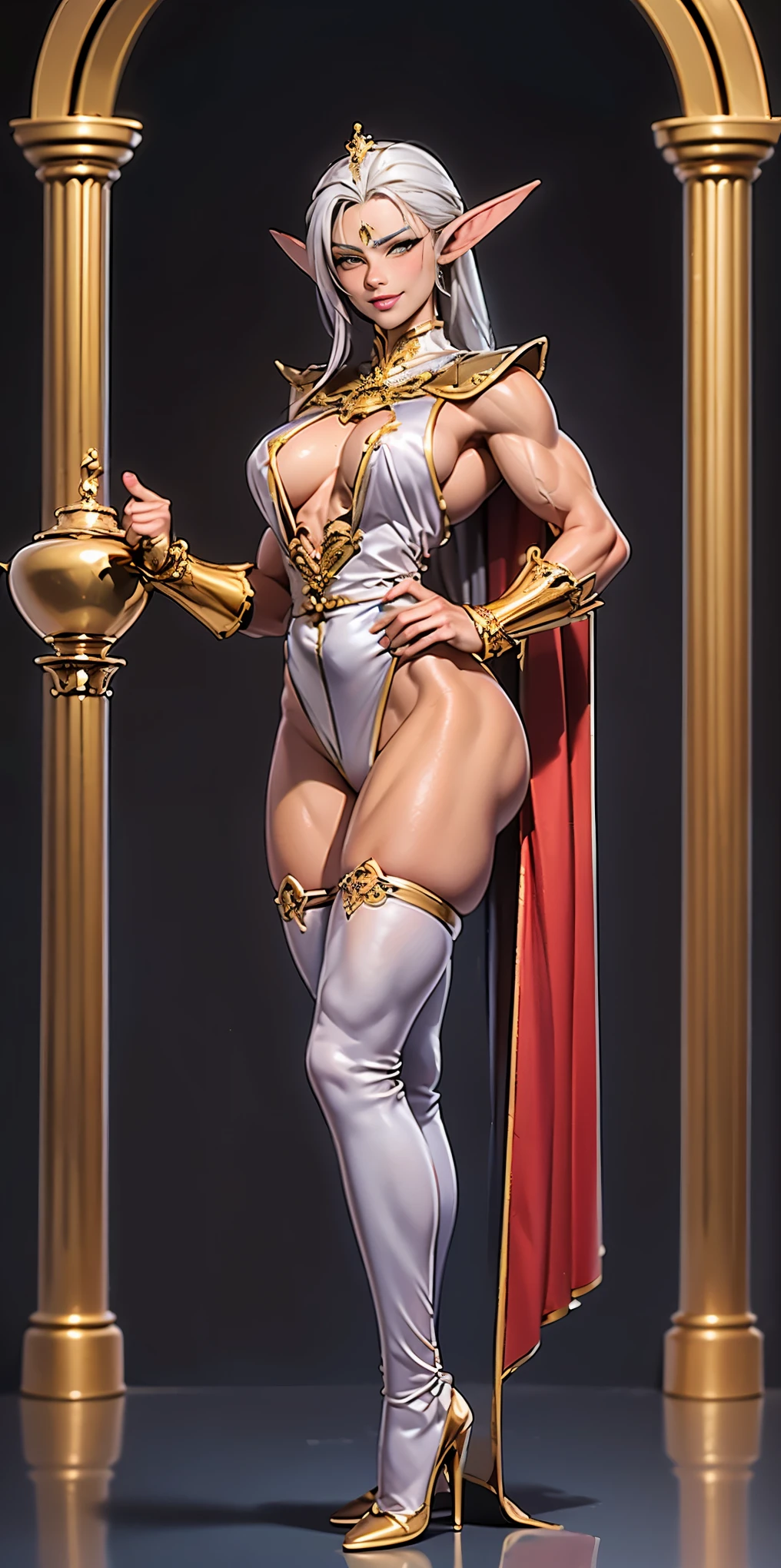 extremely long hair, ponytail, perfect anatomy 1 girl tall solo, slim thick, ((muscular)) high elf toned body, silver plate, blue cape, slender abs, hourglass waist, detailed face, defined cheekbones, puffy , gauntlets, gold crown, shadow over eyes, looking at viewer, masterpiece, white thigh highs lingerie, lustful smng smile face red blushed red cheeks, 2 high heels feet together