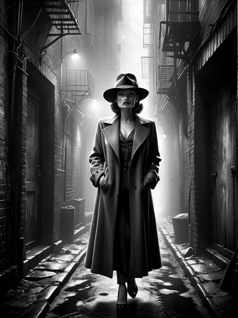 Woman in overcoat and felt hat in dirty alley, Raby, FOG, 1940, detetive noir mad-sincity, (work of art:1.2), best qualityer, (hyperdetailed, More Detailed:1.2), high resolution textures