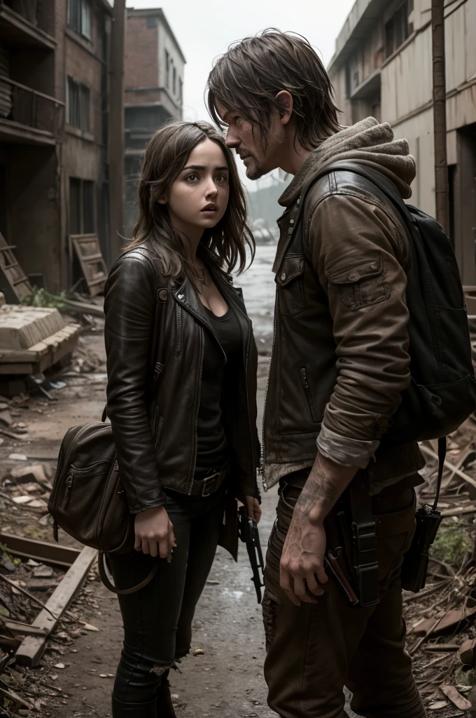 Ana de Armas and Daryl Dixon face to face in the apocalypse, dark and dirty background