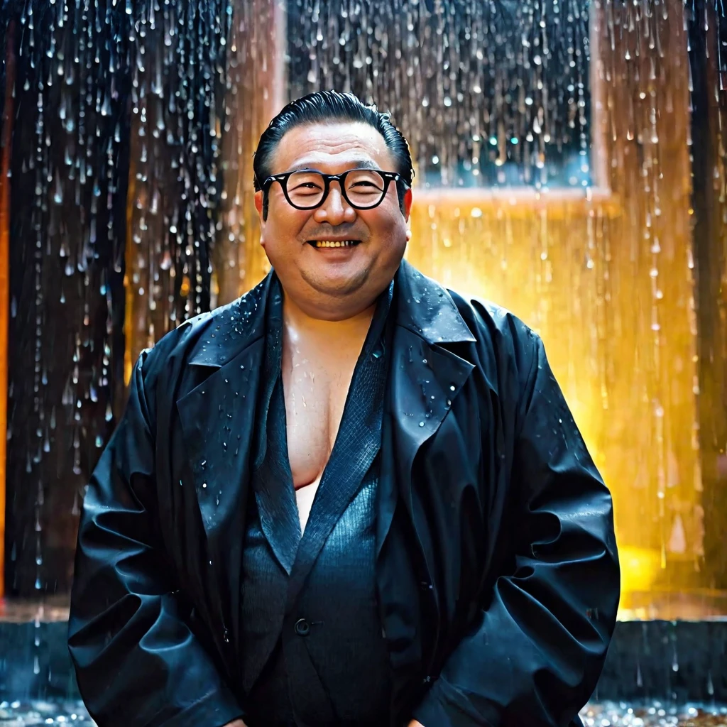 Fat, Chubby man in a black coat, Shirtless , take off Shirt, Asian 50 year old, smile, eye glasses, Wet, Raining, Sitting, cinematic composition, detailed facial features, realistic skin textures, high level of detail, 8k, cinematic lighting, photorealistic.