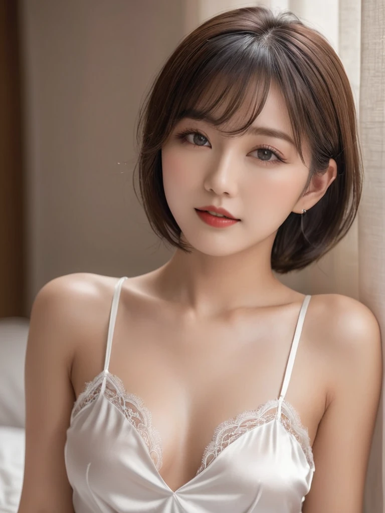 masterpiece, high quality, High resolution, (Super detailed) ), (wallpaper), ((face) detailed),masterpiece, 1 woman per 1 photo, Full Body Shot,Underarm、 A composition looking down on the subject from above, Young and beautiful woman in Japan, 困りface, short hair, She is wearing a sleeveless white silk satin chemise with white lace.。.,White panties、 Small breasts、skinny、Glossy Lips, Charming person, She lies on her back on her silk bed with her legs spread, Silk pillow, Silk bed sheets, Double eyelids on both eyes, Natural Makeup, Long eyelashes, Shiny and smooth light brown hair, Asymmetrical bangs, Fair skin, Center image, 8K resolution, High detail, detaileded hairstyle, detaileded face, Great cinema lighting, Vibrant, Ultra-realistic, Perfect limbs, Perfect Anatomy,