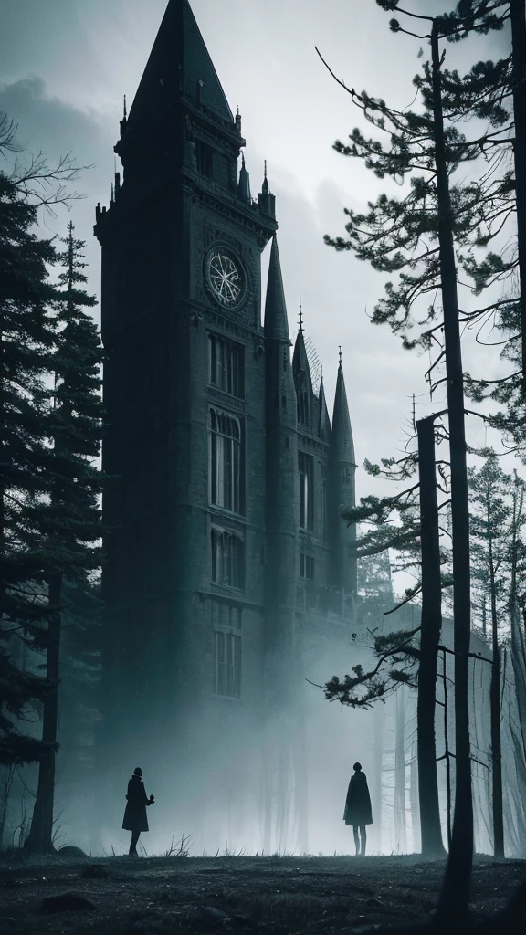 a dark mansion in a pine forest, moonlit night, tall dark silhouette of a figure, eerie atmosphere, moody lighting, detailed architectural elements, gloomy mood, dramatic shadows, photorealistic, cinematic, muted color palette, gothic, horror, mystery, monster, the real morden house