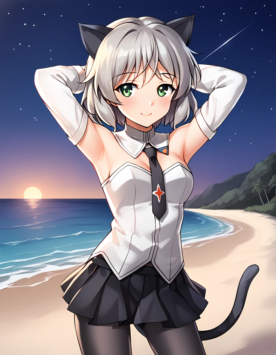 ctiansanya, uniform, necktie, strapless vest, long sleeves, black skirt, black pantyhose, cat ears, cat tail, high quality, night sky, beach, 1girl, solo, arms behind head, contrapposto, spread armpits, looking at viewer, best quality, closed mouth, smile, shy, (cowboy shot:1.5),