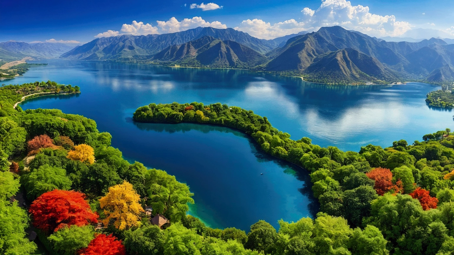 trees that reach the heavens, vibrant colors, The Garden of Eden, beautiful perfection, in perceivable beauty, the first place on earth, lake, mountains, birds eye view