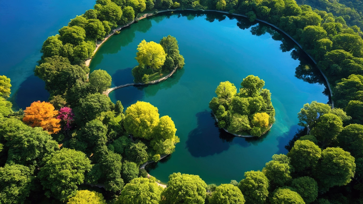 trees that reach the heavens, vibrant colors, The Garden of Eden, beautiful perfection, in perceivable beauty, the first place on earth, lake, mountains, birds eye view