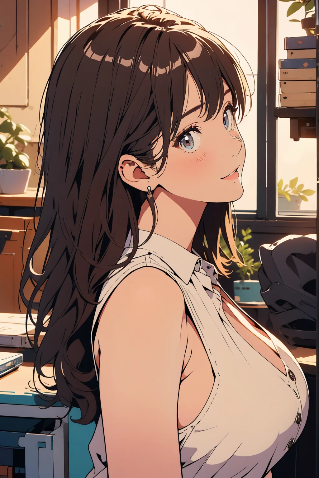 photorealism, highest quality, ultra high resolution, photograph, exquisitely beautiful photograph, extraordinary beauty, cheek gloss highlight, perfect body, biologically accurate, cute and beautiful face details, (face to face with the children_v1: 0.008), beautiful bangs, shining white skin, between the eyes, beautifulglossy hair, smooth hair, thin hair, high resolution eyes, beautiful, Bright and transparent, Big eyes that shine charmingly, eyeliner, double eyelid, beautiful legs, face focus,  (From the side:1.5), neat woman, 25 years ago, 1 person, (enchanting smile: 1.2), ((innocent and cute girl:1.3)), (Shiny short straight hair), (light brown hair:1.2), Business suit, (White,shirt, sleeveless), ((relationship: 1.2)), (big breasts:1.3),((looking at the viewer)), ((Office room:1.5)), embarrassed look,