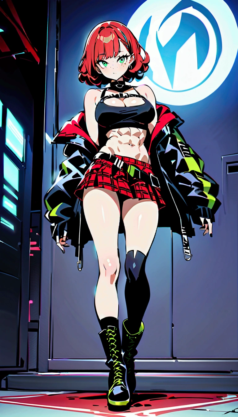 woman, curly red pixie cut hair, green eyes, wearing crop top black shirt, long black jacket, red plaid skirt, (black knee high boots), black fingerless gloves, exposed shoulders, (full body), large breasts freckles, cleavage, abs, looking at viewer, masterpiece, best quality, an14, Holo-Punk Style