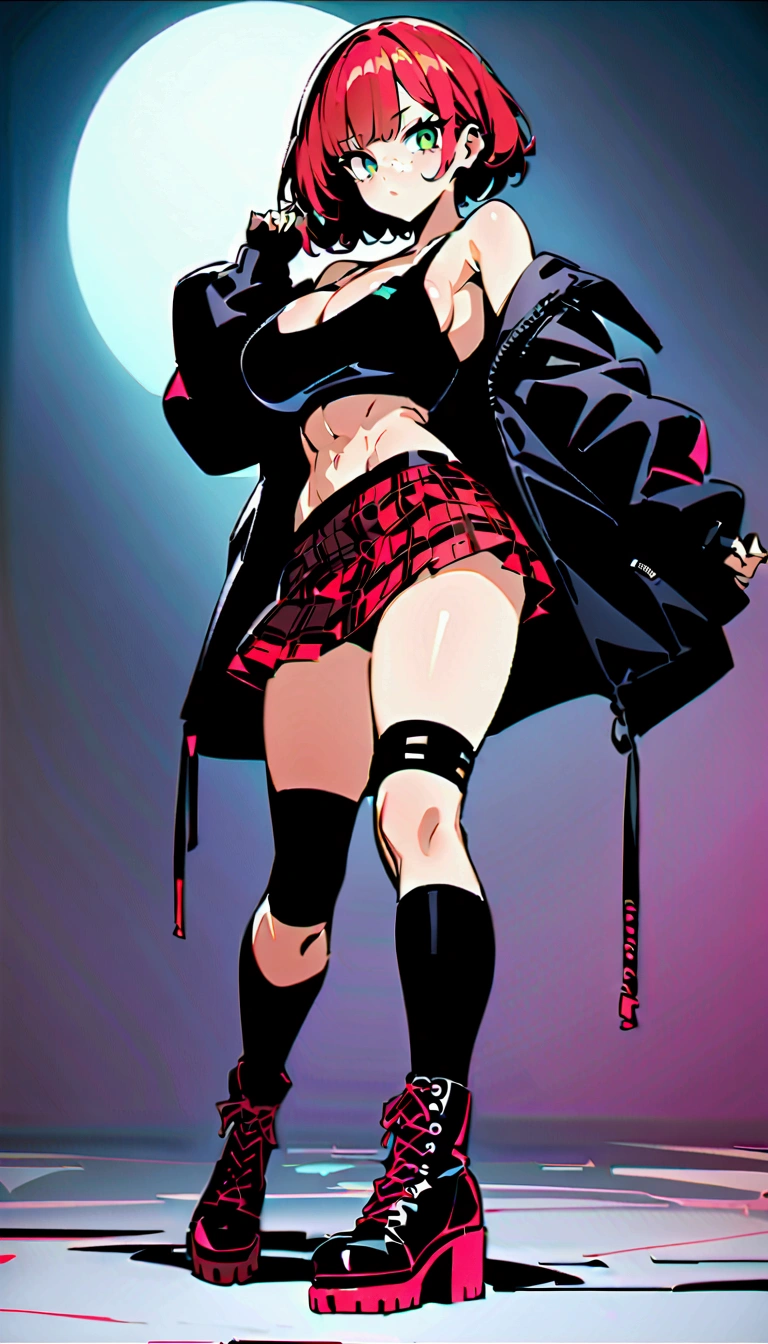 woman, curly red pixie cut hair, green eyes, wearing crop top black shirt, long black jacket, red plaid skirt, (black knee high boots), black fingerless gloves, exposed shoulders, (full body), large breasts freckles, cleavage, abs, looking at viewer, masterpiece, best quality, an14, Holo-Punk Style