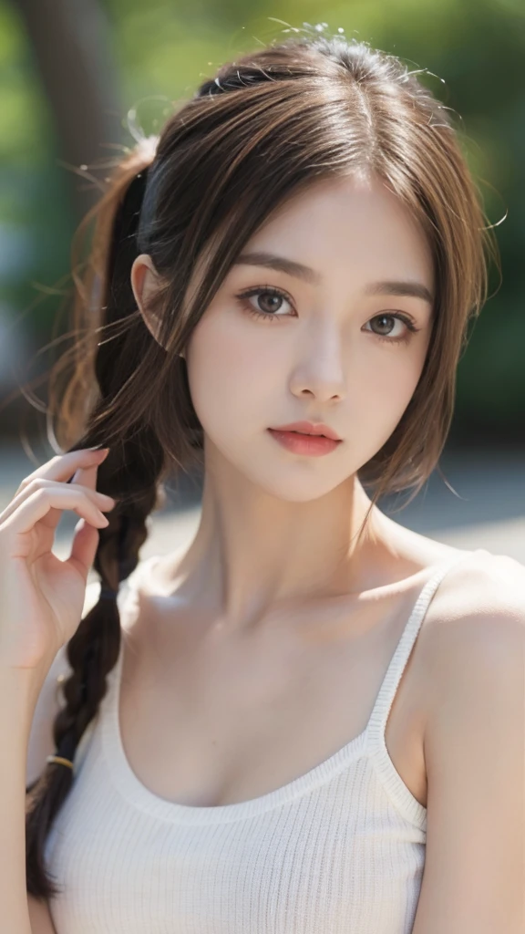 Short hair and white Summer knitting, Summer knitting, long hair, long hair with bangs, girl with a cute face, cute face portrait, Pony tail, Pale white skin!!, Long brown hair and big eyes, Soft portrait 8 k,big braests,, beautiful big eyes, beautiful girl, young girl with Pony tail hair, Best picture quality, Masterpiece, Leonardo da Vinci's diary Da Vinci, Leonardo da Vinci's manuscript as background.