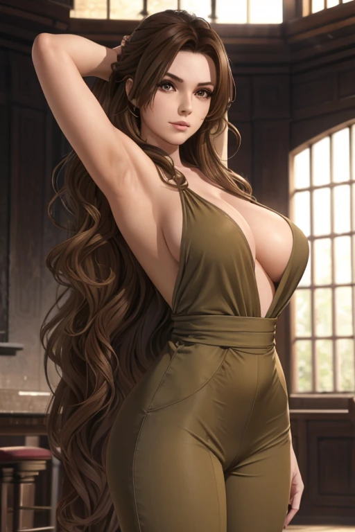 24 year old woman with long wavy light brown hair firm body perfect breasts Stellar blade style jumpsuit raising her arms behind her head 