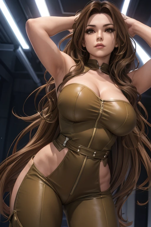 24 year old woman with long wavy light brown hair firm body perfect breasts Stellar blade style jumpsuit raising her arms behind her head 