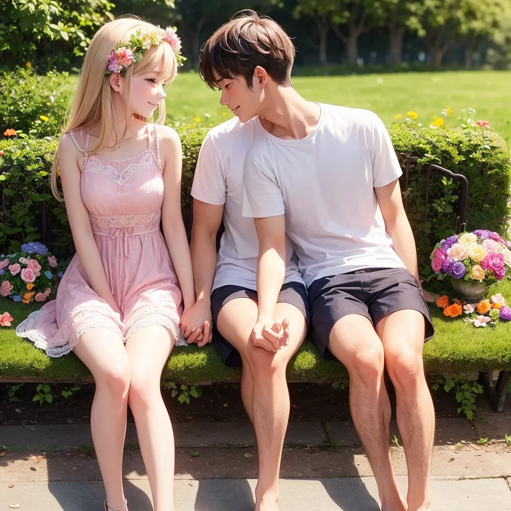 Create an image of a devoted couple deeply in love, set against a beautiful summer sunset with warm orange and pink skies, sitting on a bench by a lakeside or in a park; the man, wearing a white shirt and light blue shorts, holds a small bouquet of summer flowers and looks at the woman with a kind smile, while the woman, in a light pink sundress, smiles gently back at him and holds his hand, with vibrant summer flowers blooming around the bench and lush green trees in the background illuminated by the sunset; add a soft light effect or heart-shaped bokeh in the corners to enhance the romantic atmosphere.