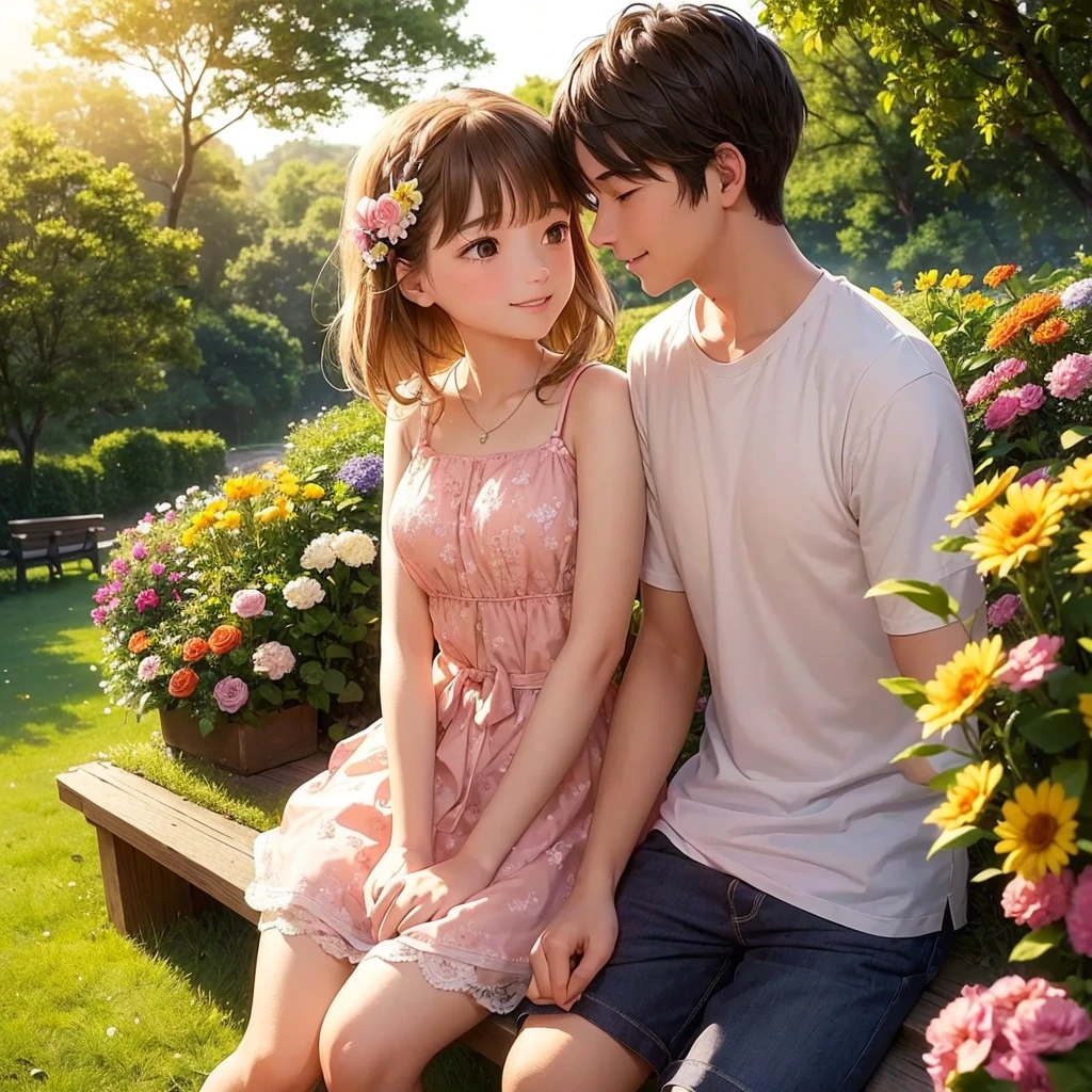 Create an image of a devoted couple deeply in love, set against a beautiful summer sunset with warm orange and pink skies, sitting on a bench by a lakeside or in a park; the man, wearing a white shirt and light blue shorts, holds a small bouquet of summer flowers and looks at the woman with a kind smile, while the woman, in a light pink sundress, smiles gently back at him and holds his hand, with vibrant summer flowers blooming around the bench and lush green trees in the background illuminated by the sunset; add a soft light effect or heart-shaped bokeh in the corners to enhance the romantic atmosphere.