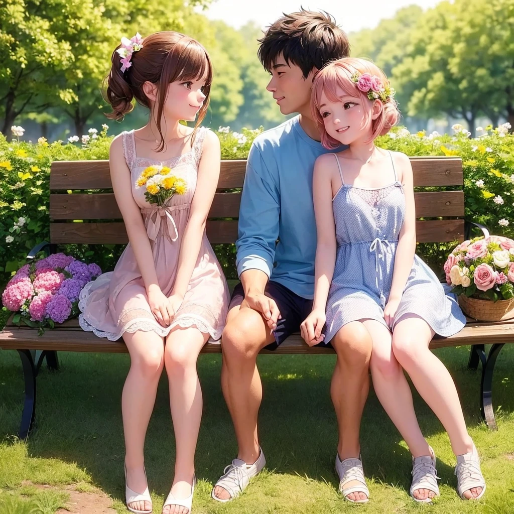 Create an image of a devoted couple deeply in love, set against a beautiful summer sunset with warm orange and pink skies, sitting on a bench by a lakeside or in a park; the man, wearing a white shirt and light blue shorts, holds a small bouquet of summer flowers and looks at the woman with a kind smile, while the woman, in a light pink sundress, smiles gently back at him and holds his hand, with vibrant summer flowers blooming around the bench and lush green trees in the background illuminated by the sunset; add a soft light effect or heart-shaped bokeh in the corners to enhance the romantic atmosphere.