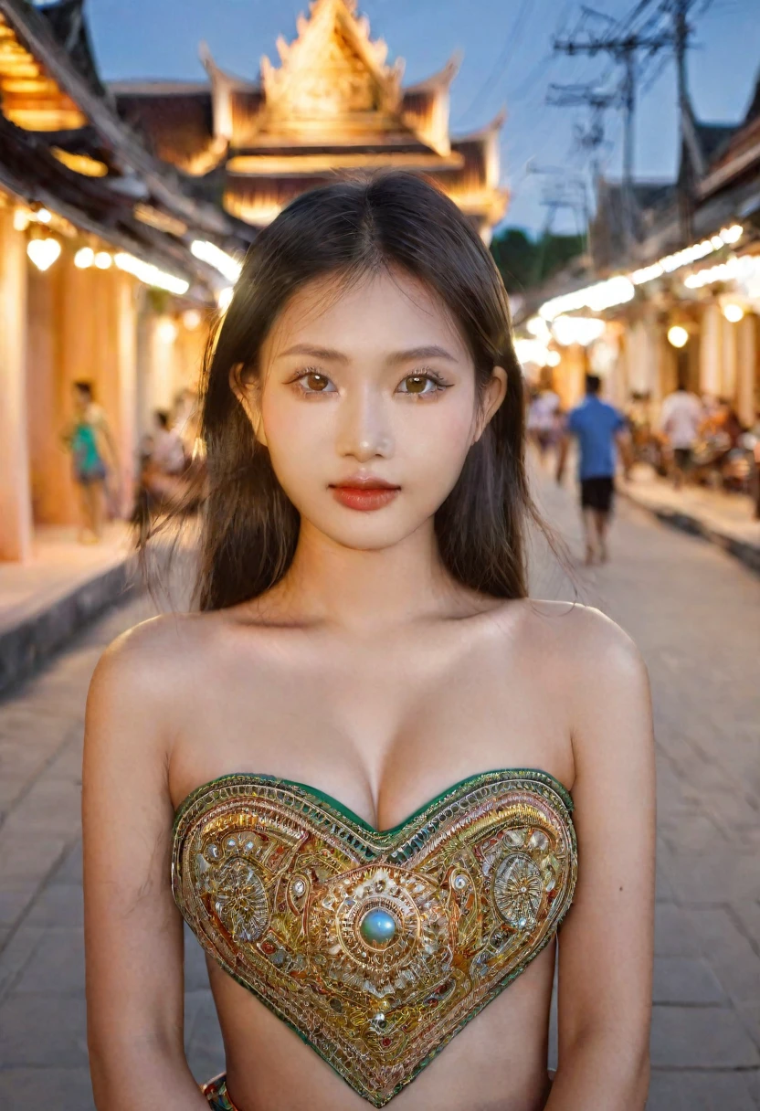 cambodia woman in traditional cambodian teunue in Paro in the heart of cambodia, wear cambodia traditional, photography of stunning girl, in the city, enjoying, girl, summer, hot girl, (((small bust))), brunette hair, looks into the camera, symmetrical face, photorealistic, photography, spectacular lighting,, gorgeous, cleavage, western, (masterpice), best quality, high resolution, extremely detailed, skin with pores, blurred background, depth of field, cinematic lighting