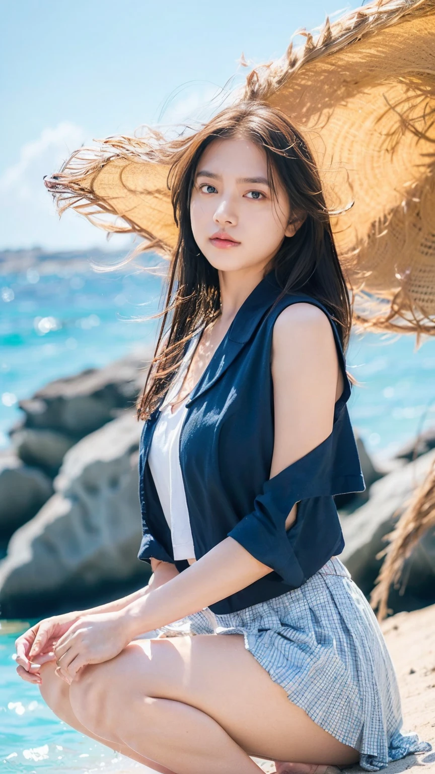 (((Top-down configuration:1.33)))、((No underwear:1.55))、One Girl、Beautiful and detailed eyes and face、barefoot、20 year old cute Japan woman, ((Extremely precise and accurate anatomy:1.0)), (photo Realistic:1.4), (hyper Realistic:1.4), (最高品質のRealisticな肌の質感:1.4), (Improvement of quality:1.4), (Enhances the beauty of skin texture:1.1), Clean and glowing skin, mesh, thin:1.2, (Realistic:1.3), Realisticなライティング, (Smoother lighting:1.05), (Improving the quality of cinema lighting:0.9), Backlight, A gentle light on your face, Ray Tracing, (Bright light:1.2), 32k, One Japanese woman, fine grain, Detailed face, (Film Grain:1.1),(Accentuates body lines:1.1), High resolution, Natural look, Kind eyes, Improves hair quality, Delicate light and shadow, Transparent muscles, Graceful pose, Beautiful Eyes, Sharp details, Soft light reflection, Beautiful contours, Delicate skin tone, Fine hair texture, Natural background, (((sunny day、Beach、A strong wind is blowing、Her hair and skirt are flying、Squat, Traditional navy blue sailor uniform、Open shirt、Pleated skirt、Scooping seawater with hands:1.25、splash、Sandy Beach、Light of the sun、clear blue sea、The waves crash quietly、Blue sky and white clouds、green mountain々、Beautiful Nature、The joys of youth)))、