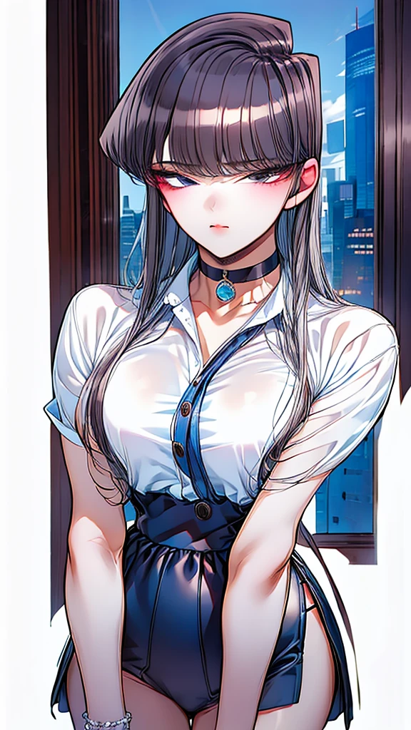 masutepiece, Best quality, 1 thai peaplo man, handsome, short hair, silver hair, tusk, choker, blue eyes, black leather shirt, blushing, western building, caricature, looking at viewer,