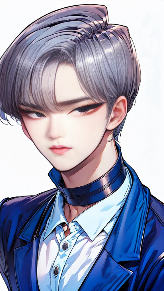 masutepiece, Best quality, 1 thai peaplo man, handsome, short hair, silver hair, tusk, choker, blue eyes, black leather shirt, blushing, western building, caricature, looking at viewer,