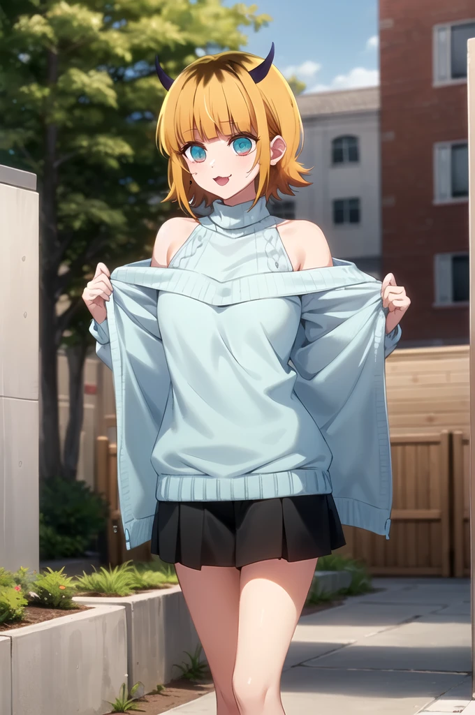 Best and highest quality, masterpiece, detailed,
memcho,
Open your mouth, A slight blush, :3, smile,
short hair, Blonde, Multicolored Hair, Aqua Eye, Blunt bangs, horn,
(Blue sweater:1.2), Black Shirt, Bare shoulders, Black Skirt, I tucked in my sweater.,
Are standing, Looking at the audience,
(Day:1.2), garden, Outdoor,
,nsfw,(ecstasy:1.3) ,(slut:1.2),(vulgarity:1.3),(fucked silly:1.1),(steam:1.1),(wet:1.2),(trembling:0.8),(tears:0.9) ,(drooling:1.1),(sweat:1.1),