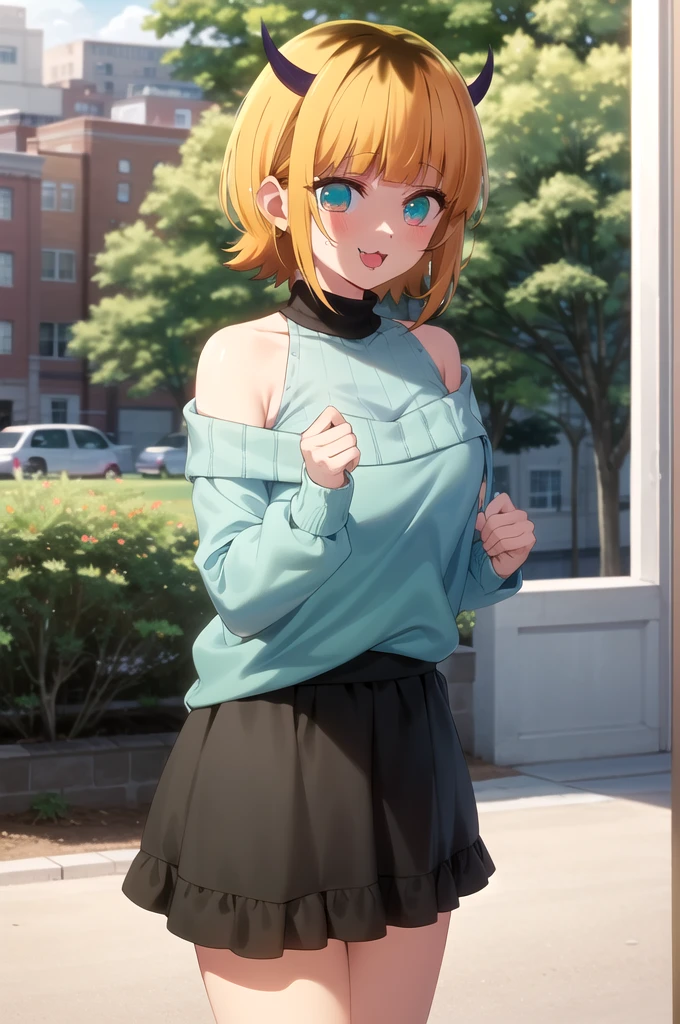 Best and highest quality, masterpiece, detailed,
memcho,
Open your mouth, A slight blush, :3, smile,
short hair, Blonde, Multicolored Hair, Aqua Eye, Blunt bangs, horn,
(Blue sweater:1.2), Black Shirt, Bare shoulders, Black Skirt, I tucked in my sweater.,
Are standing, Looking at the audience,
(Day:1.2), garden, Outdoor,
??????????