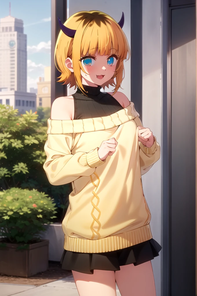 Best and highest quality, masterpiece, detailed,
memcho,
Open your mouth, A slight blush, :3, smile,
short hair, Blonde, Multicolored Hair, Aqua Eye, Blunt bangs, horn,
(Blue sweater:1.2), Black Shirt, Bare shoulders, Black Skirt, I tucked in my sweater.,
Are standing, Looking at the audience,
(Day:1.2), garden, Outdoor,

undressing