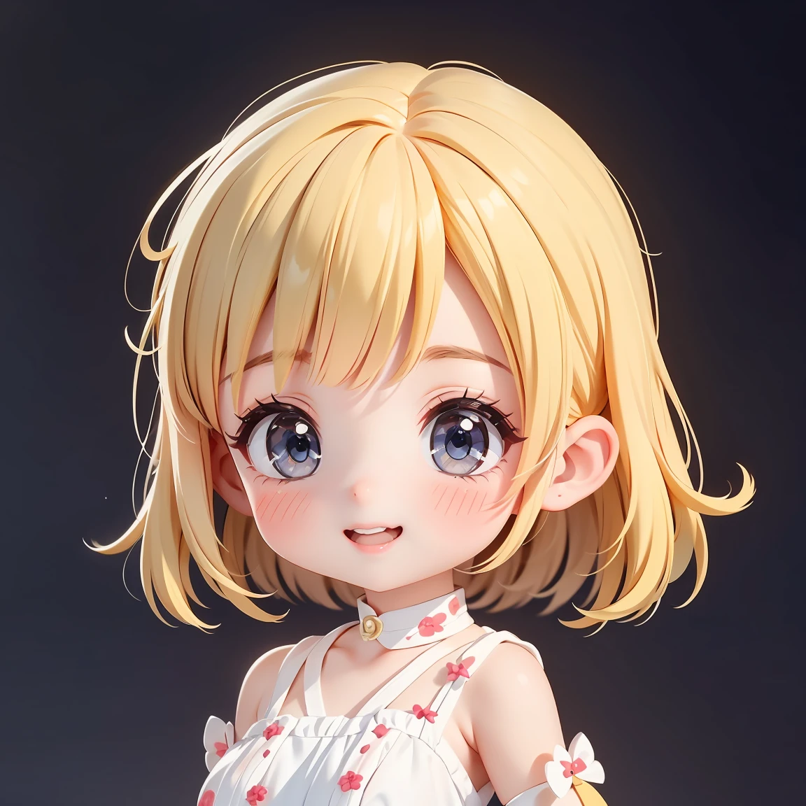 Super Chibi Character:1.8、wearing cute sandals、background:Simple all over、Blonde Hair、Cute 7 year old girl、Random cute outfits、Various expressions:1.8、Various poses with moving arms:1.8、Looking this way、Super Happy Smile:1.8