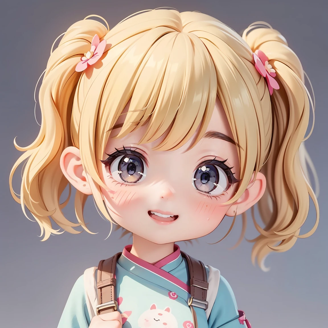  Super Chibi Character：1.8、wearing cute sandals、background：Simple all over、Blonde Hair、Cute 7 year old girl、Random cute outfits、Various expressions：1.8、Various poses with moving arms：1.8、Looking this way、Super Happy Smile：1.8