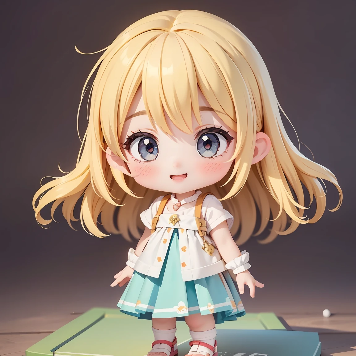 Super Chibi Character:1.8、wearing cute sandals、background:Simple all over、Blonde Hair、Cute 7 year old girl、Random cute outfits、Various expressions:1.8、Various poses with moving arms:1.8、Looking this way、Super Happy Smile:1.8