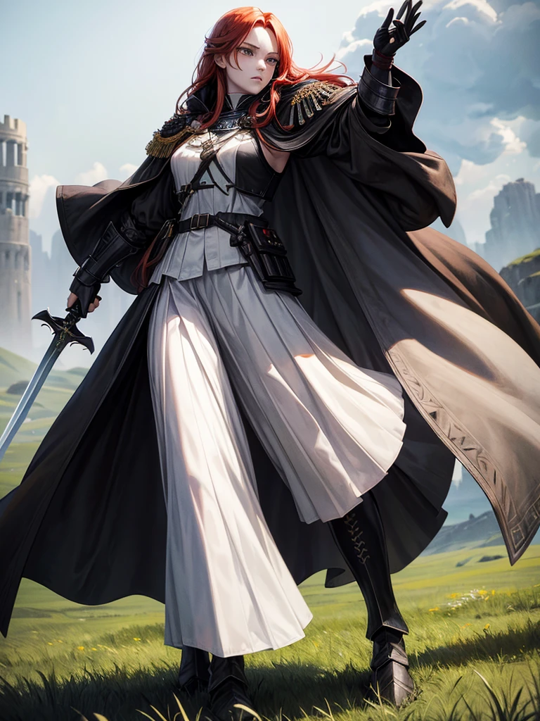 Portrait, Beautiful, majestic, warrior woman, solo-girl, (long red hair:1.1), pale white skin, green eyes, narrow eyes, (black battle coat:1.4), grey shoulder pads, grey gauntlets, grey metal boots, holding a sword, standing in a grassy field