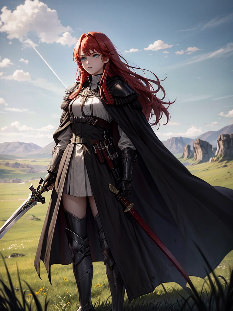 Portrait, Beautiful, majestic, warrior woman, solo-girl, (long red hair:1.1), pale white skin, green eyes, narrow eyes, (black battle coat:1.4), grey shoulder pads, grey gauntlets, grey metal boots, holding a sword, standing in a grassy field