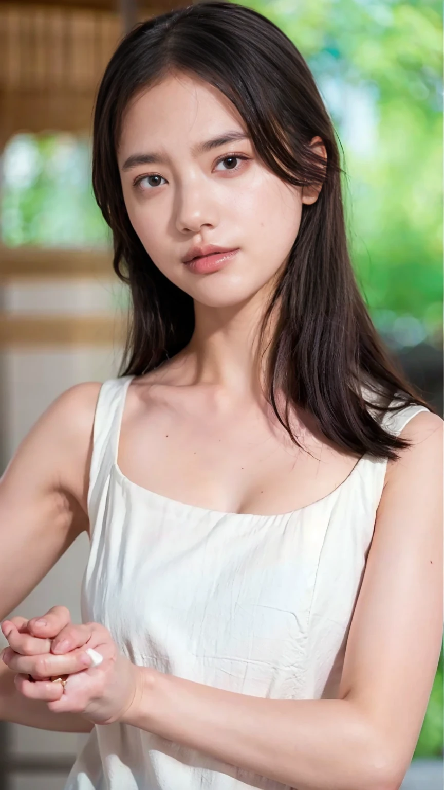 20 year old cute Japan woman, ((Extremely precise and accurate anatomy:1.0)), (Highest quality realistic skin textures:1.6), clean and glowing skin, Thin Skin, mesh, (Enhances the beauty of skin texture:1.2), ((((The texture of each individual hair, long and delicate lashes, Beautifully trimmed eyebrows, Facial pores, Detail of blood vessels in the white of the eye, Thin and visible capillaries in the skin)))), (Realistic as a photo:1.4), (Very realistic:1.4), (Improvement of quality:1.4), Realistic lighting, Backlight, A gentle light that illuminates the face, Ray Tracing, Bright light, (Smoother lighting:1.05), (Improving the quality of cinema lighting:0.9), 32k, fine grain, Detailed face, (Film Grain:1.1), (Natural smile:0), Accentuates body lines, High resolution, Natural look, Kind eyes, Delicate light and shadow, Clear skin, Graceful Pose, Beautiful Eyes, Sharp details, Soft light reflection, Beautiful contours, Delicate skin tone, Natural background, Natural poses in everyday situations, Extremely fine detail, Lora Style