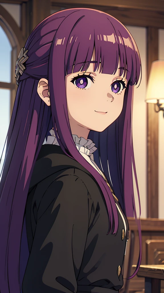 è²ä¼¦,1girl,solo,red-haired,long hair,green eyes,blunt bangs,sidelocks,half updo,bright pupils, hair ornament,frilled collar,black robe,white dress,center frills,buttons,wide sleeves,long sleeves,curvy,cowboy shot,brown coat,from side,smile,, Exquisite visuals, high-definition,masterpiece,best quality,, 20yo,Young female,Beautiful Finger,Beautiful long legs,Beautiful body,Beautiful Nose,Beautiful character design, perfect eyes, perfect face,expressive eyes, looking at viewer, official art,extremely detailed CG unity 8k wallpaper, perfect lighting,Colorful, Bright_Front_face_Lighting,shiny skin, (masterpiece:1.0),(best_quality:1.0), ultra high res,4K,ultra-detailed, photography, 8K, HDR, highres, absurdres:1.2, Kodak portra 400, film grain, blurry background, bokeh:1.2, lens flare, (vibrant_color:1.2), (beautiful_face:1.5),(narrow_waist),
