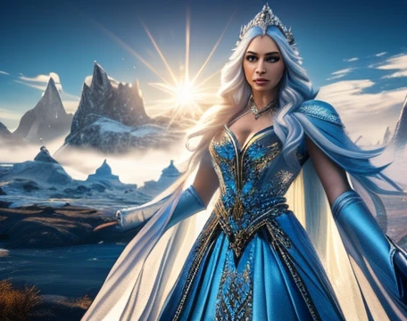 `an ice queen in a kingdom with the sun in the background, high definition, rich in details`