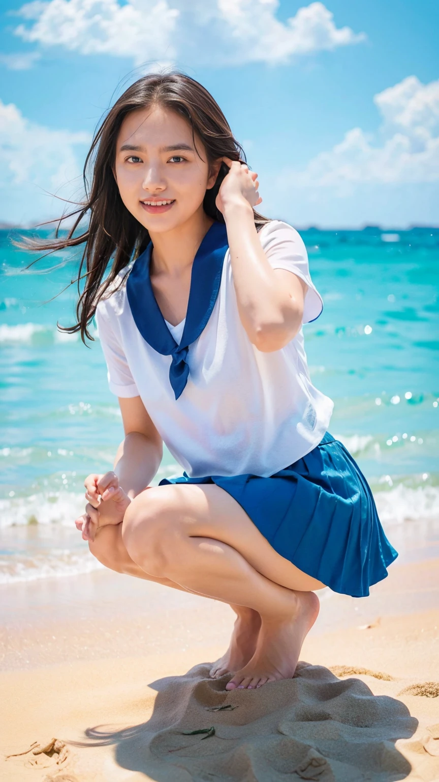 (((sunny day、Japanese 、Beach、A strong wind is blowing、Her hair and skirt are flying、Crouch down, Scooping up seawater and spreading your hands、Traditional navy blue sailor uniform、White blouse、Pleated skirt、Playing in sea water:1.25、splash、Pour water on the camera、smile、Laughter、Sandy Beach、Light of the sun、clear blue sea、The waves crash quietly、blue sky with white clouds、green mountain々、Beautiful Nature、The joy of youth)))、(((Top-down composition:1.33)))、(((8K、Highest quality、masterpiece、Ultra-high resolution)))、(Realistic:1.4)、RAW Photos、(Real skin texture:1.3)、(Film Grain:1.3)、((No underwear、Bend one leg))、One Girl、Beautiful and detailed eyes and face、barefoot、