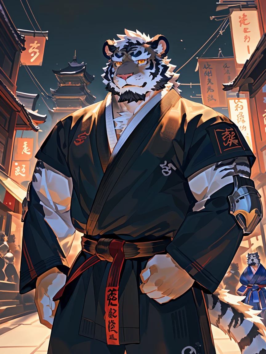 (White skintiger),(上Half Body赤膊:1.7),(Martial Arts衣服:1.4),(Holding a long sword),(Great posture),Standing quietly,(The background is a city full of ancient atmosphere,There are many busy vendors in the city:1.5),(abdominal muscles),Heroic Stance飒爽,完美的masterpiece,Various facial details,close up视图,specific description,masterpiece,(CG),(Golden Eyes),Black and white pattern,Black and white tail,General,Heroic Stance,tiger,Black and white fur,Specific facial details,Half Body,(黑白阴阳General战履),(Chang Ling),((middle aged)),(Face Focus),(16K),(HD),Black and white belly,temple,beard,(Facial lines),(Different students,),(Black and white hair),(Strong:1.2),(muscle:1.3),(high resolution:1.3),(close up),(Delicate face:1.5),Perfect details,(Half Body),(Facial details:1.5),(Zoom in on the face:1.5),(白色Facial lines:1.2),(黑色beard:1.3),(white face:1.6),(White body),(White skin,black strips:1.3),(Fair cheeks:1.5),(White facial complexion:1.3),CG,(The smell of quackery:1.3),(Martial Arts:1.5),(knight:1.5),(Practical) (Frontal overlook:1.3)Bottoms, 8k HD, Extremely detailed,author:virtyalfobo
