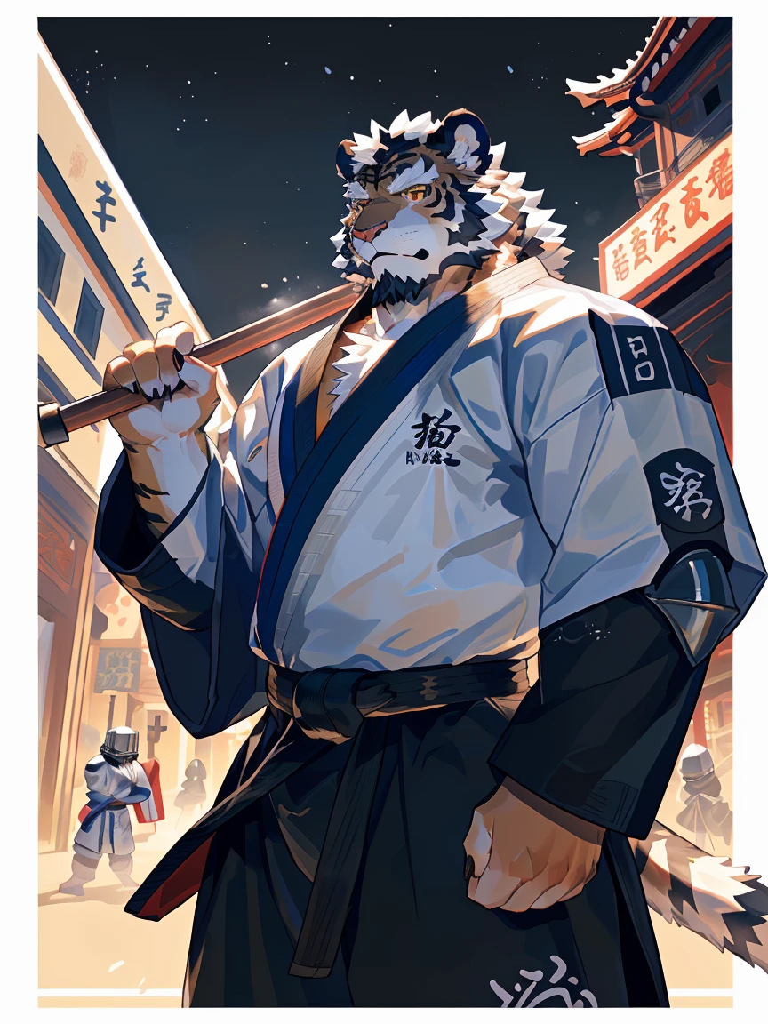 (White skintiger),(上Half Body赤膊:1.7),(Martial Arts衣服:1.4),(Holding a long sword),(Great posture),Standing quietly,(The background is a city full of ancient atmosphere，There are many busy vendors in the city:1.5),(abdominal muscles),Heroic Stance飒爽,完美的masterpiece,Various facial details,close up视图,specific description,masterpiece,(CG),(Golden Eyes),Black and white pattern,Black and white tail,General,Heroic Stance,tiger,Black and white fur，Specific facial details,Half Body,(黑白阴阳General战履),(Chang Ling),((middle aged)),(Face Focus),(16K),(HD),Black and white belly，temple，beard,(Facial lines),(Different students,),(Black and white hair),(Strong:1.2),(muscle:1.3),(high resolution:1.3),(close up),(Delicate face:1.5)，Perfect details,(Half Body),(Facial details:1.5),(Zoom in on the face:1.5),(白色Facial lines:1.2),(黑色beard:1.3),(white face:1.6),(White body),(White skin,black strips:1.3),(Fair cheeks:1.5),(White facial complexion:1.3),CG,(The smell of quackery:1.3),(Martial Arts:1.5),(knight:1.5),(Practical) (Frontal overlook:1.3)Bottoms, 8k HD, Extremely detailed，author：virtyalfobo