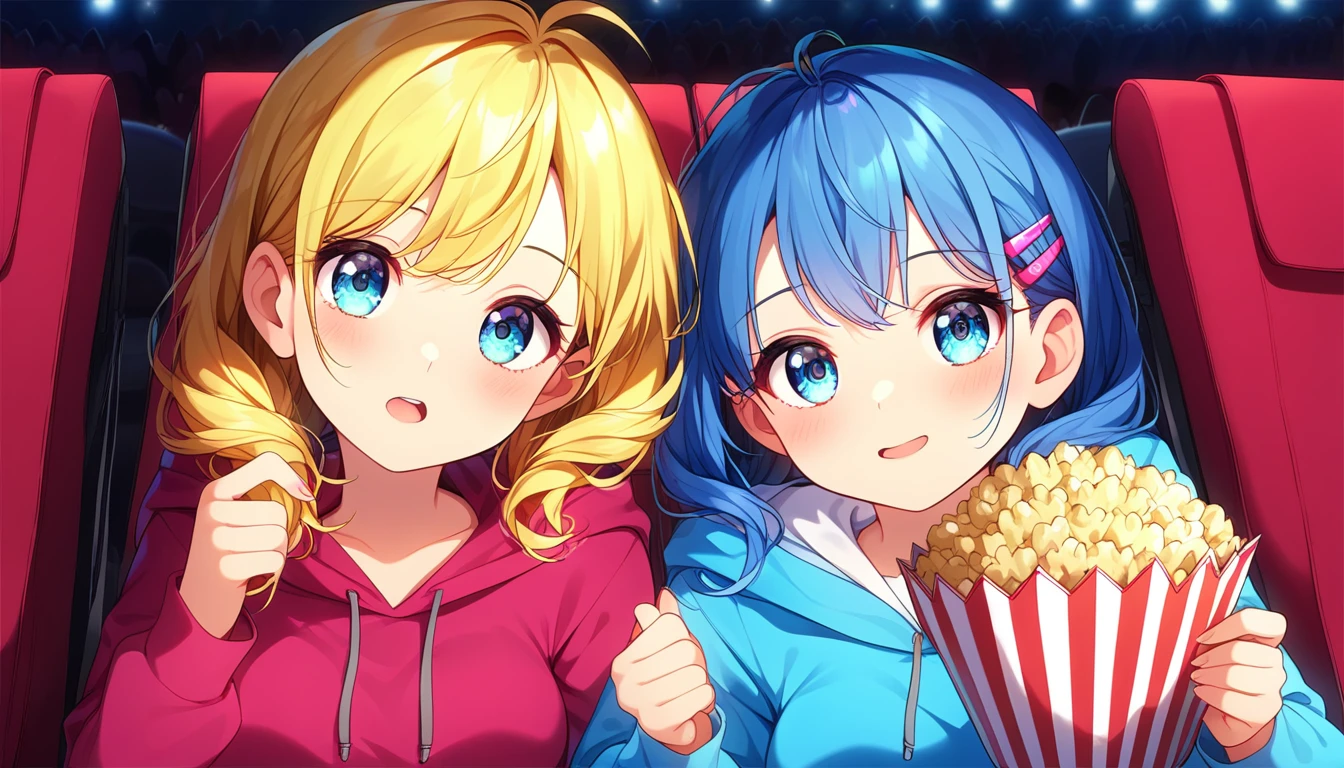 ((2girls:1.3)), ((hoodie:1.3)), ((movie theatre:1.3)), ((thinking:1.3)), ((yuri:1.3)), ((popcorn:1.3)), ((moe style:1.3)), ((perfect face)), ((extremely cute:1.3)), ((masterpiece:1.3)), ((8k)), ((best quality:1.3)), ((beautiful)), ((extremely detailed:1.3)) , ((absurdres)), AddXL, ((score_9:1.3)), ((score_8_up:1.3)), ((score_7_up:1.3)), Expressiveh