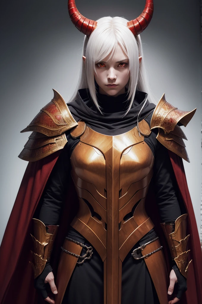 draconian, white scales, amber red eyes, long, straight horns, armor over your body, cloak over your armor, long sword on your back, firm and upright position.