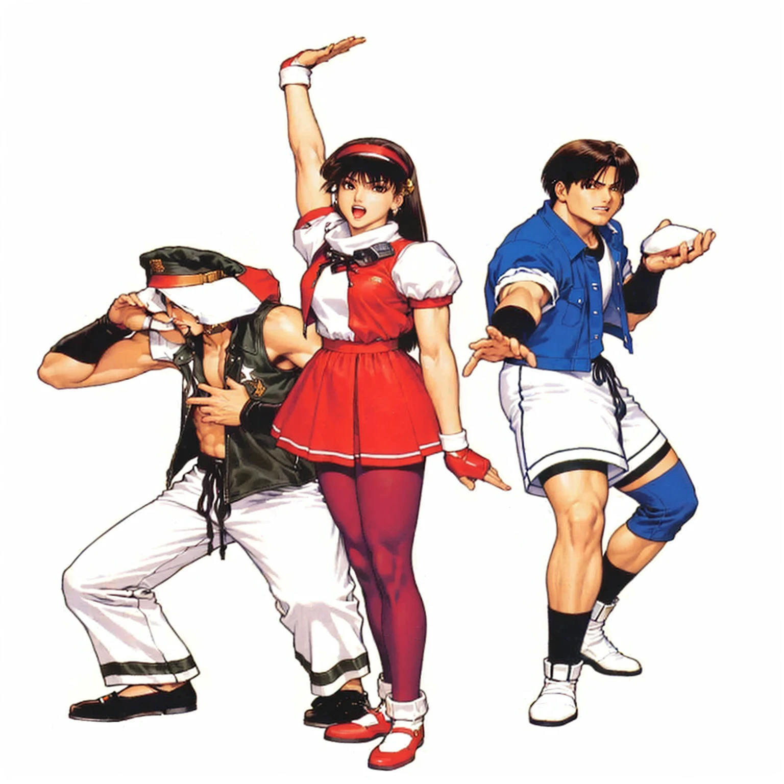 some people in a group of different clothes, king of fighters character, king of fighters style, Shin Megami, promotional artwork, of the virtual fighter, high quality art, snk, Early 90s CG, neogeo, fighting game character, offcial art, retro 9 0 japanese, by Akira Toriyama, 1 9 9 0's anime