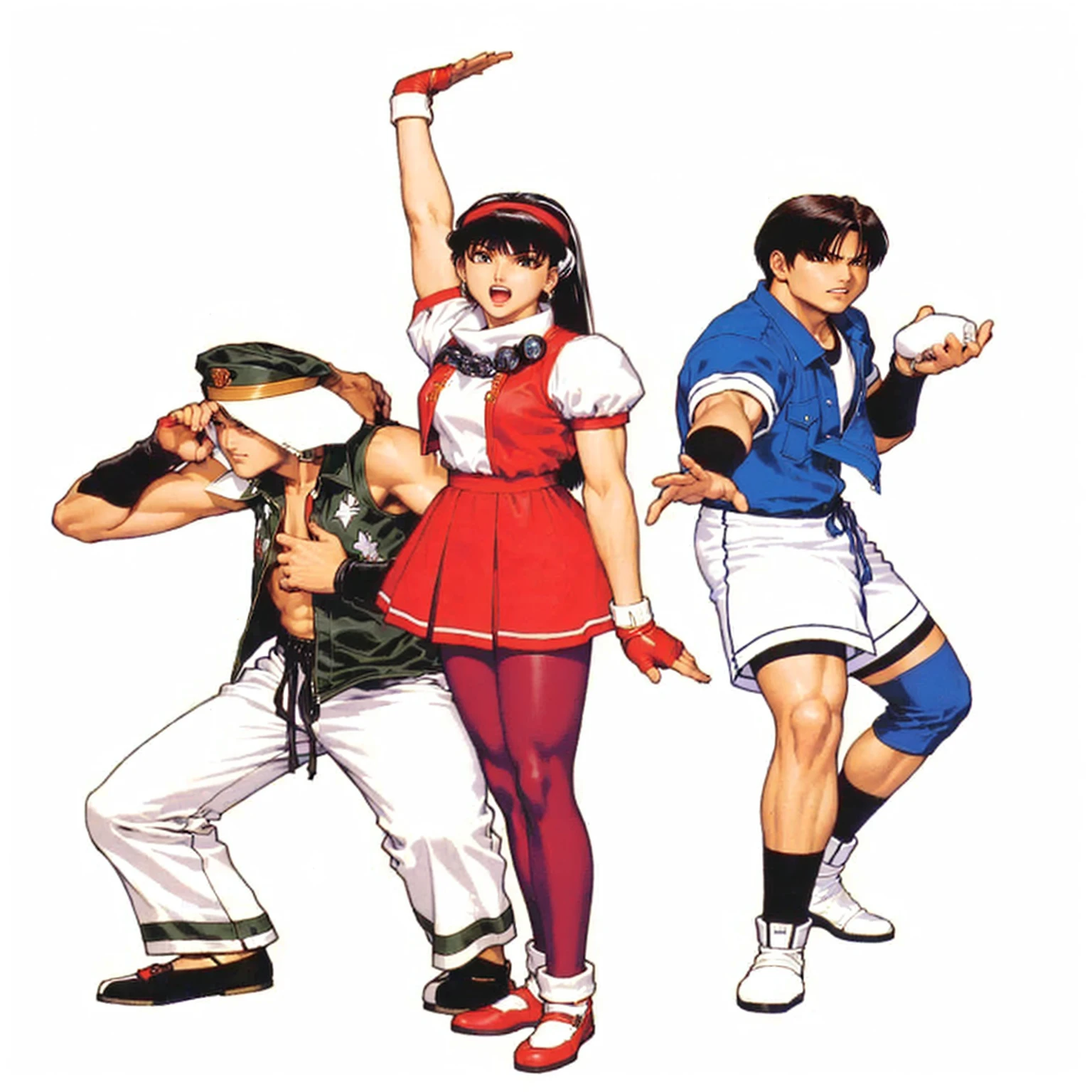 some people in a group of different clothes, king of fighters character, king of fighters style, Shin Megami, promotional artwork, of the virtual fighter, high quality art, snk, Early 90s CG, neogeo, fighting game character, offcial art, retro 9 0 japanese, by Akira Toriyama, 1 9 9 0's anime